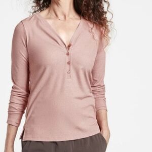 Athleta Uptempo Ribbed Henley Shirt Top, long sleeve, size Large